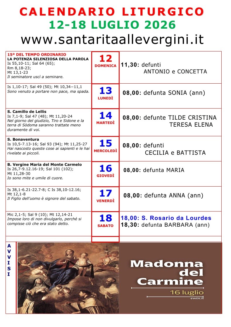 Domenica 12 luglio 2026 – XV Domenica del Tempo Ordinario